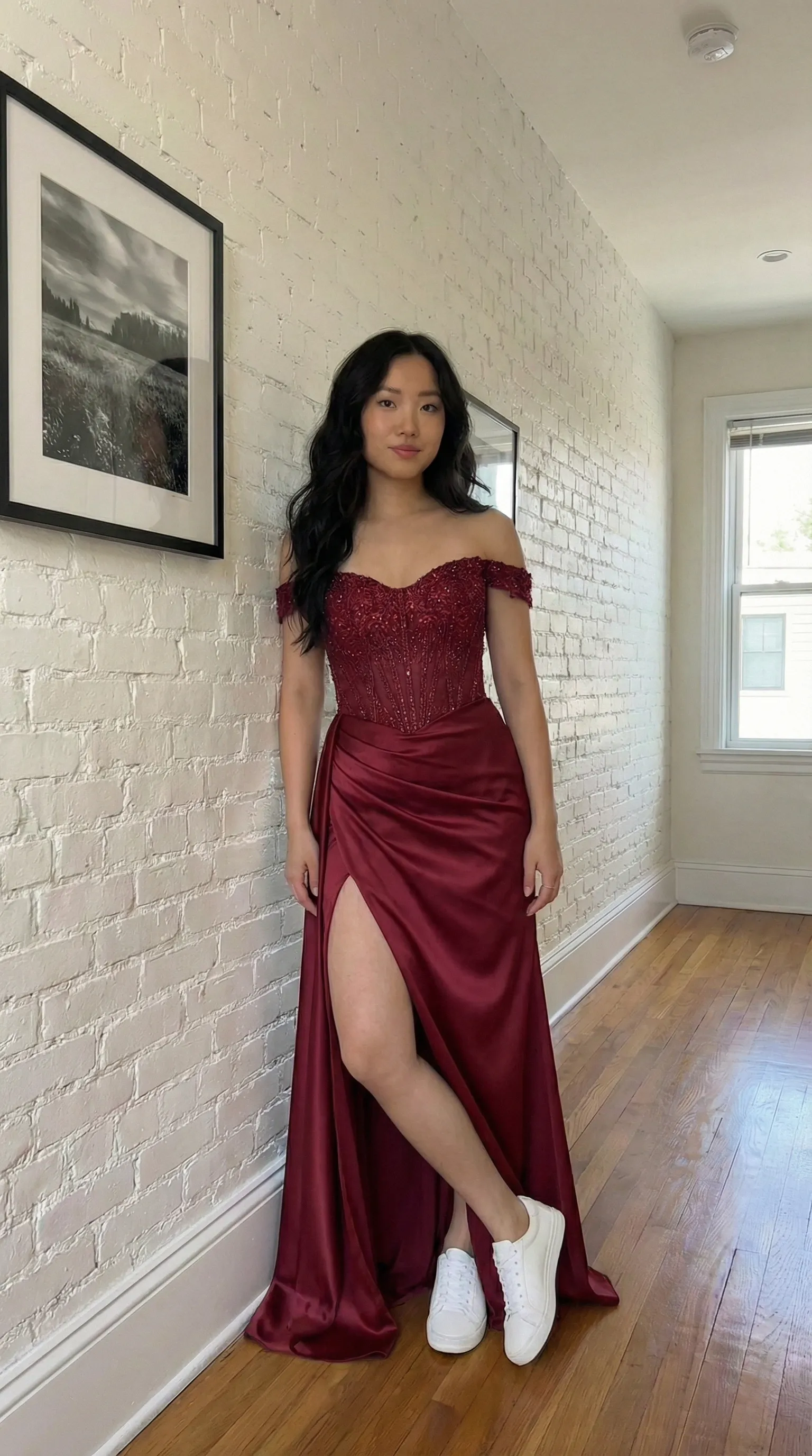 Woman after AI virtual try-on showing dress from shopping app