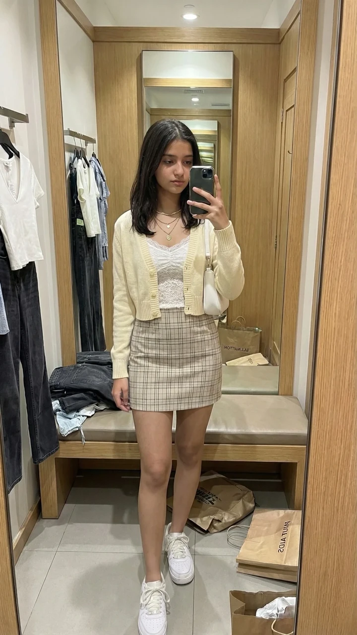 Woman wearing AI-generated outfit from Outfii builder mode