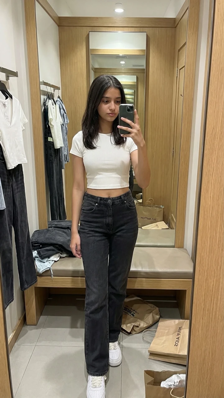 Woman's original photo before AI virtual try-on